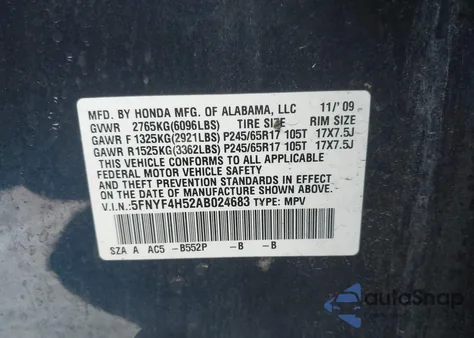 2010 Honda Pilot Ex-L z USA, uszkodzony, nr VIN 5FNYF4H52AB024683